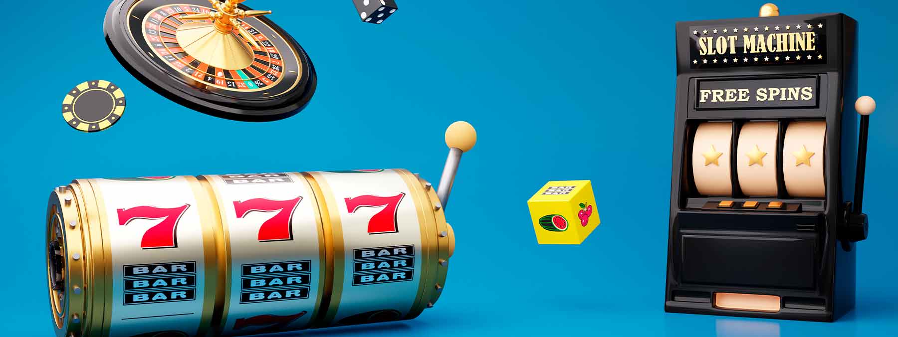 Editorial banner of a 777 Games roulette wheel, red triple-seven reels and a Free Spins slot machine on a bright blue field