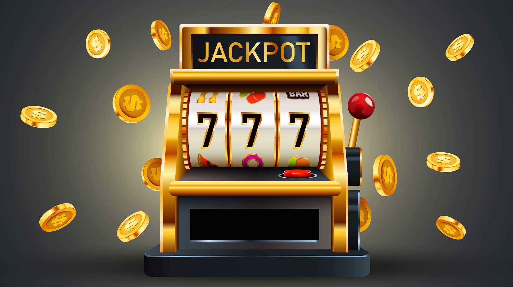 Golden 777 jackpot slot machine surrounded by falling gold coins at 777 Games